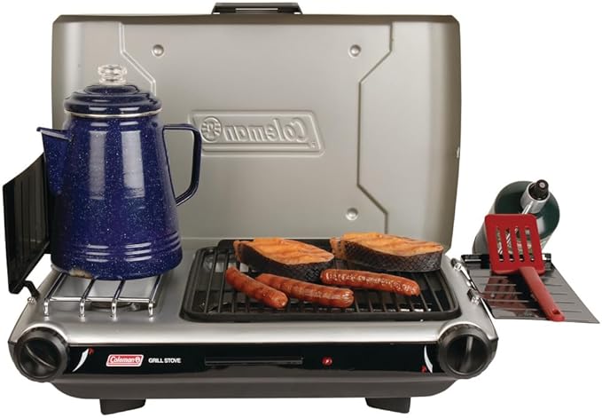 Coleman Tabletop 2-in-1 Grill & Stove with 2 Adjustable Burners, Propane Grill/Stove with Push-Button Starter, Wind Guard...