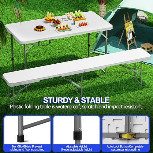 VSOAEIL Folding Table 4 Foot for Indoor Outdoor, Portable Heavy Duty Fold-in-Half Utility Small Plastic Adjustable Height ...