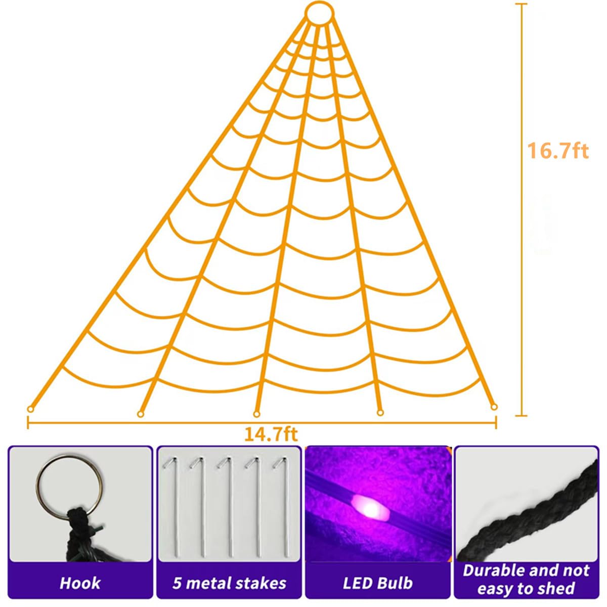 Halloween Decorations Spider Web Lights, 404 LED 16Ft*14Ft Purple Giant Led Spider Web Light with 8 Modes Purple Spider Web Lights for Patio, Garden, Haunted House Décor