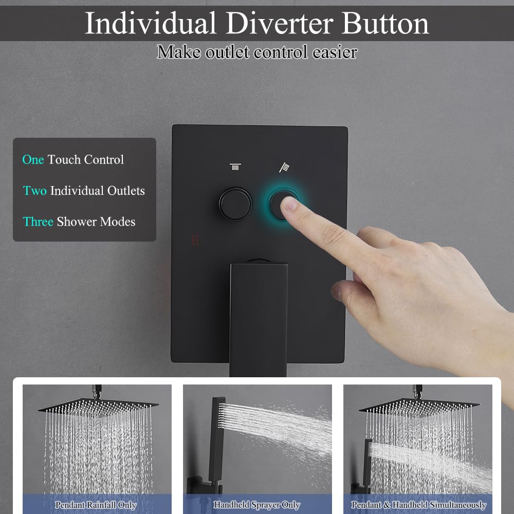 JingGang Matte Black Shower System with Push Button Diverter, Ceiling Mount Luxury 12 Inch Rain Shower Head with Handheld Spray, Shower Faucet Combo Set with Rough-in Valve Body and Trim Kit Included