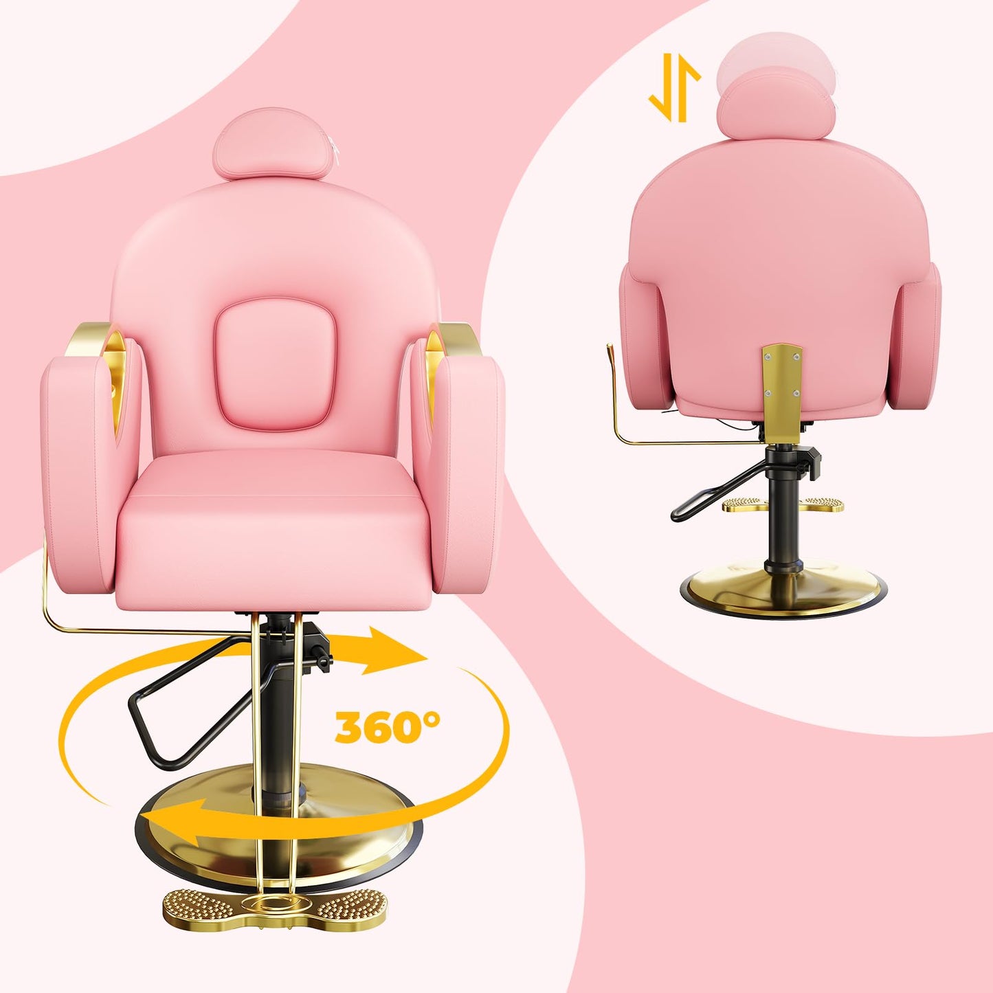 Barber Salon Chair, Reclining Salon Chair with Heavy Duty Hydraulic Pump, 360° Swivel and Height Adjustable, 330 Lbs Capacity Spa Beauty Equipment Hairdresser Armchair for Barbershop- Pink & Gold