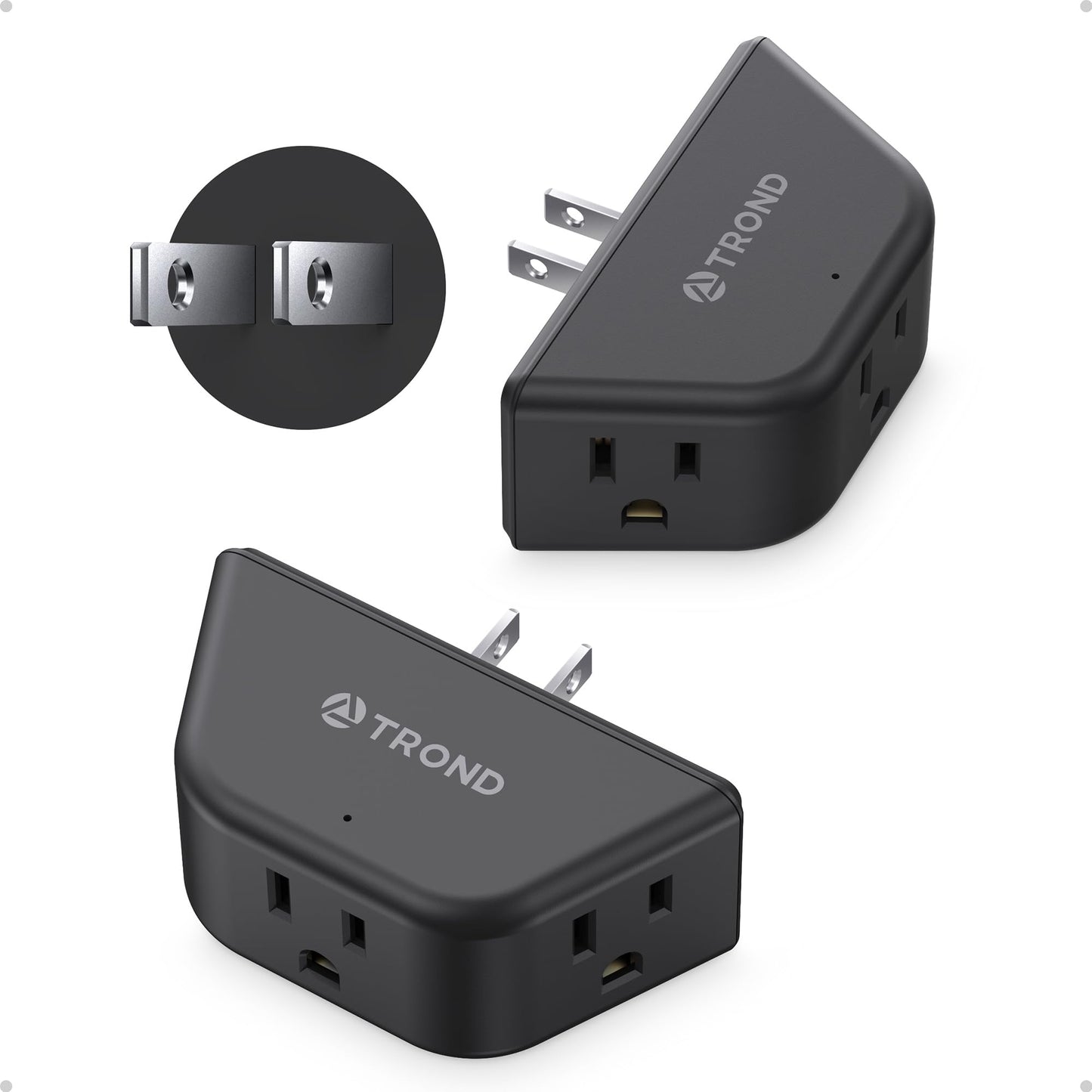 TROND 2 to 3 Prong Outlet Adapter 2 Pack, 3-Way Angled Plug Extender with 3 AC Sockets, Wall Plug Splitter for Non-Grounded Outl