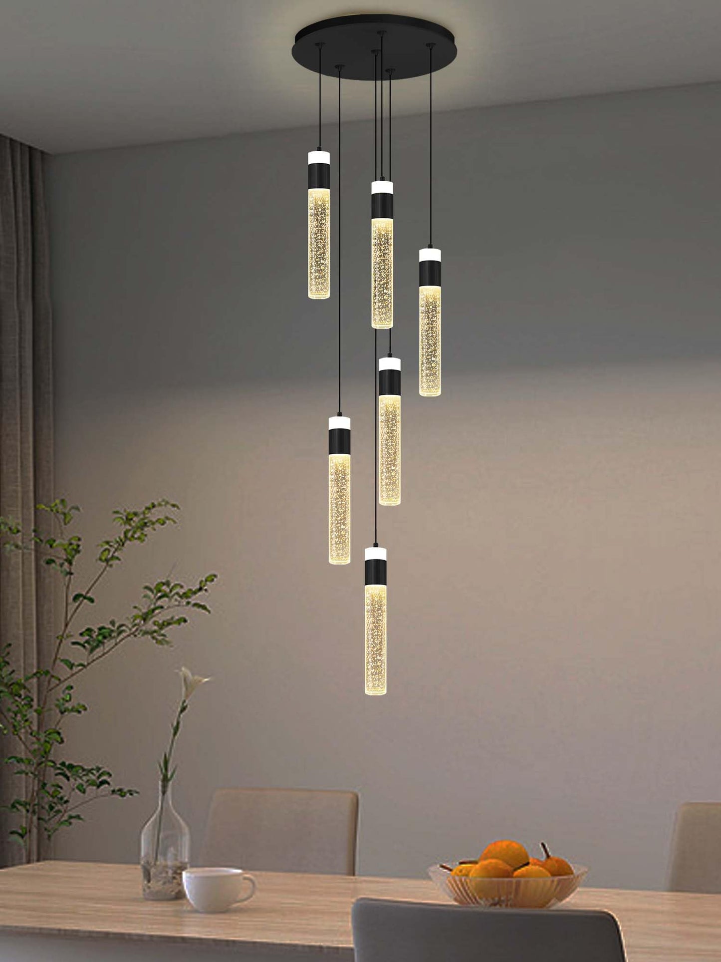 IDEQUY 6-Lights Modern Crystal Column Chandelier for Living Room Foyer Long Crytsal Chandeliers Pendant Lighting Flush Mount Hanging Light Fixture for Living Room Foyer Entryway