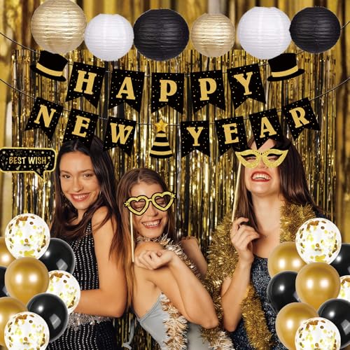 New Years Decorations 2026 – Gold Black White Happy New Year Decorations Kit with Banner, Balloons, Fringe Curtains, Lante...