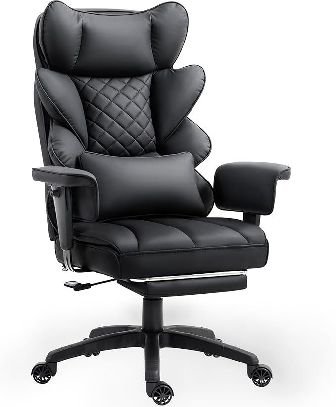 Dowinx Big and Tall Office Chair with Pocket Springs Cushion,High Back Computer Gaming Chairs with Adjustable Armrests,Executive Desk Chairs with Lumbar Support and Footrest,PU Leather-Black