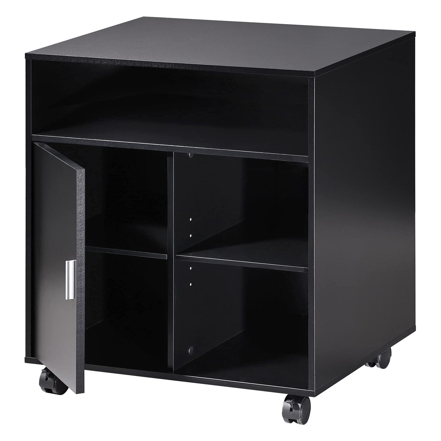 FITUEYES Printer Stand with Storage Adjustable Shelves, Wood Mobile Cart with Door, Rolling File Cabinet on Wheels for Home Office, Black, PS406001WB