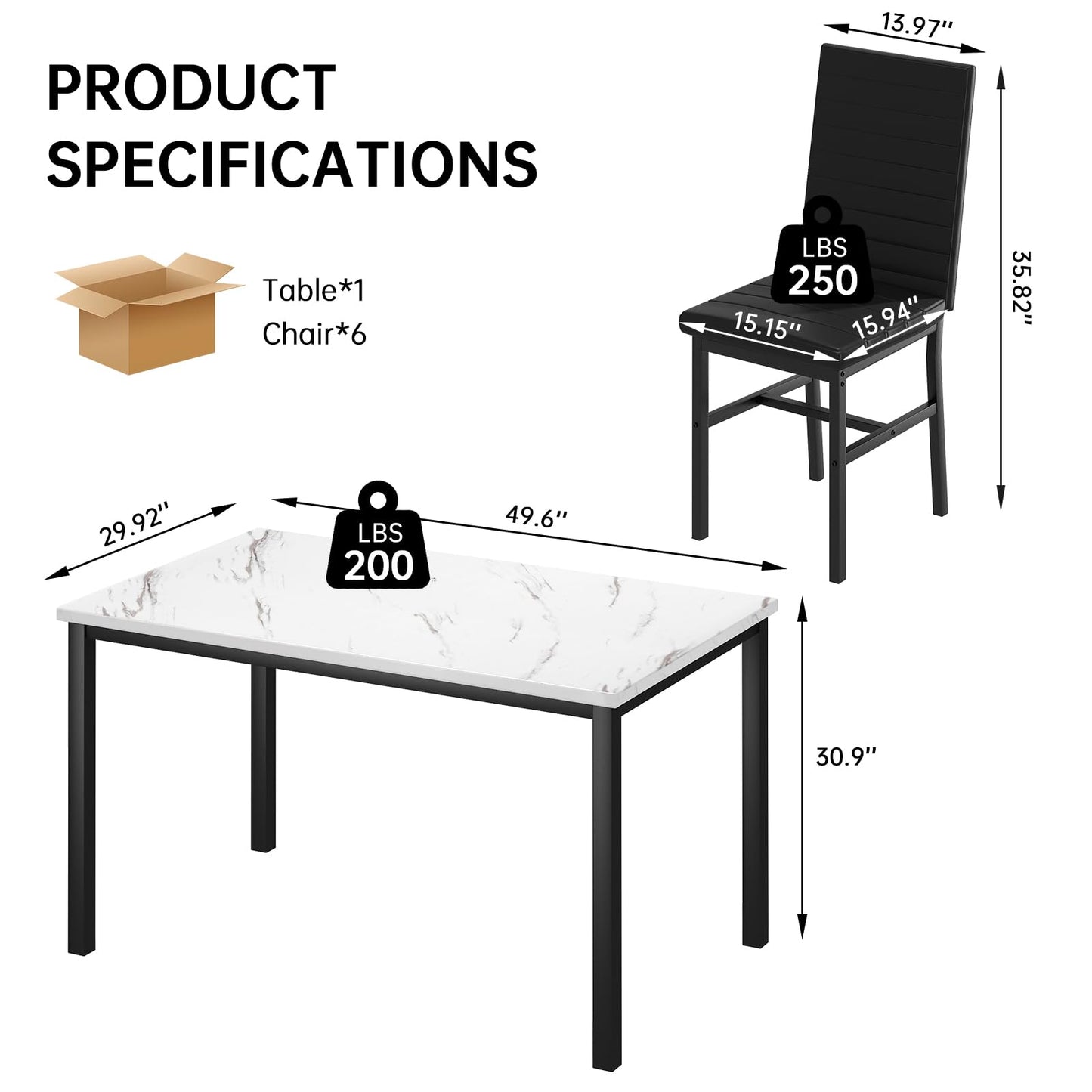 Recaceik Dinner Table Set for 6,Faux Marble Dining Room Table Set,7 Piece Dining Table Set for 6 with PU Leather for Kitchen and Dining (White & Black)