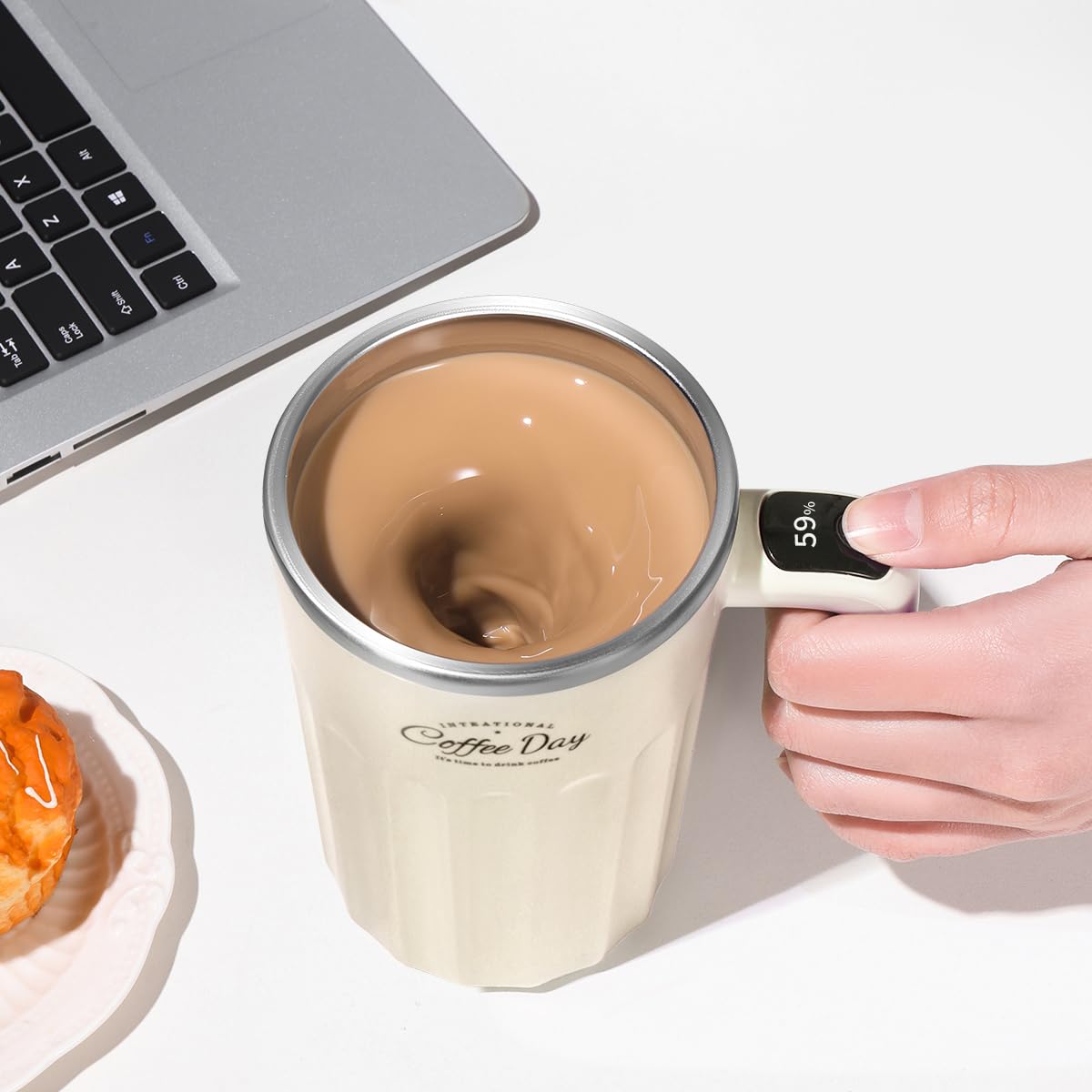 TLINNA Drink Stirrer,Self Stirring Mug,Self Stirring Coffee Mug,Suitable for Coffee, Milk, Cocoa and Other Beverages (Cream White)