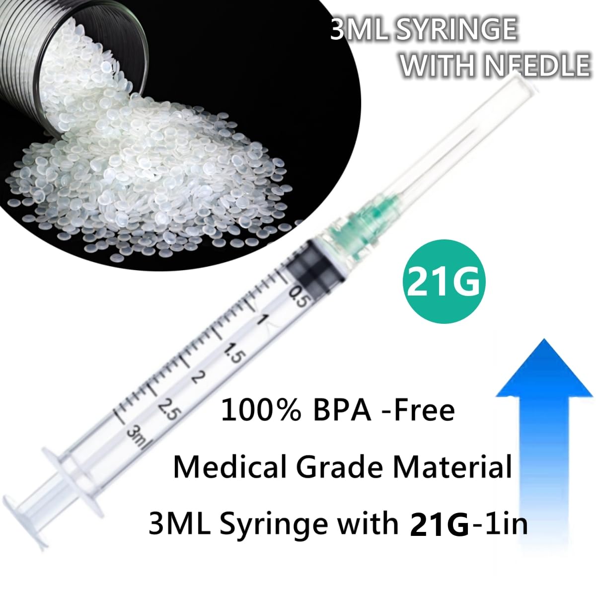 Luer lock 3ml 21Ga 1 Inch(25mm), 50 Pack Sterile Lab Utensils for Scientific Research, Industrial Dispensing or Liquid Measuring