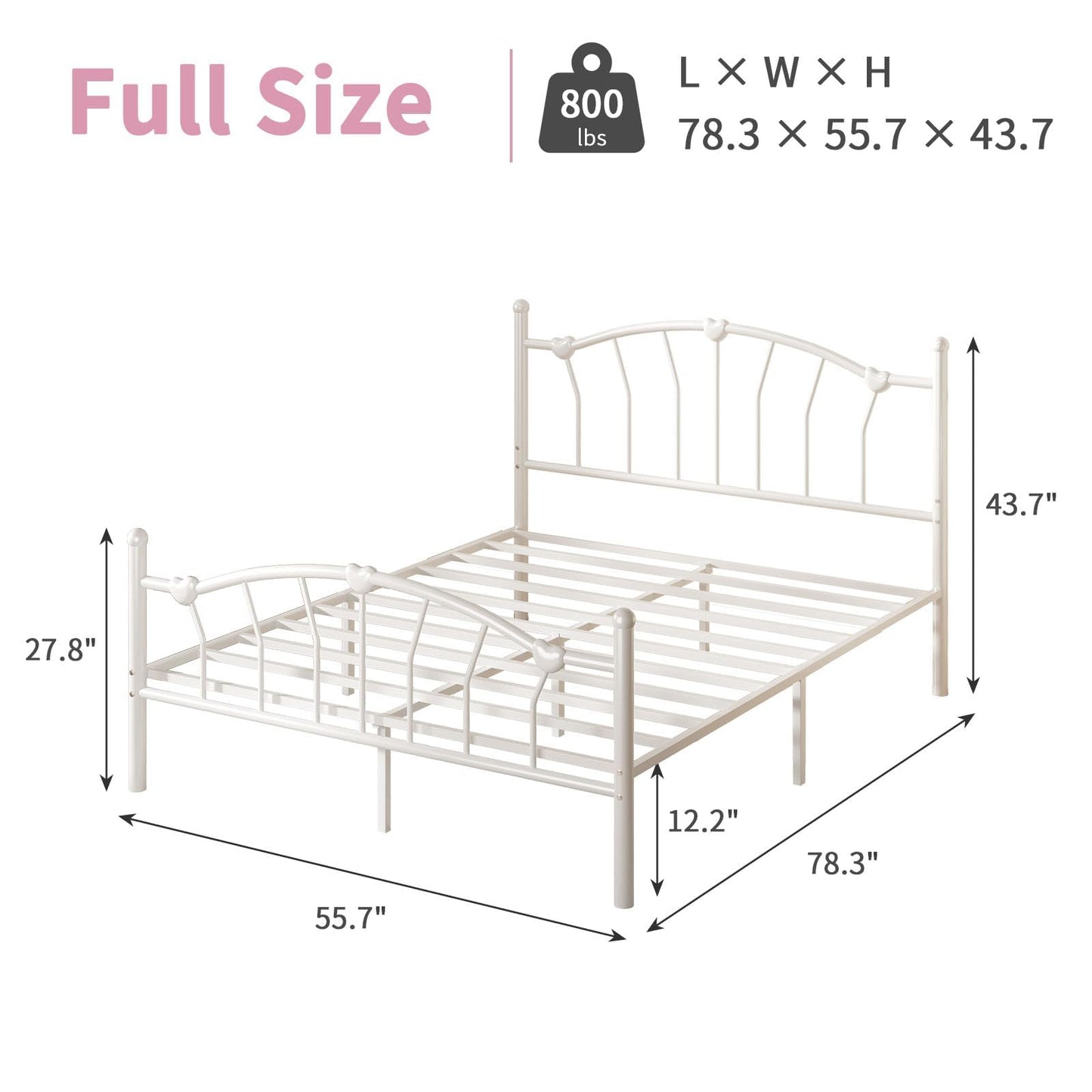 Metal Bed Frame Full Size, Full Bed Frame with Headboard, Heart-Shaped Decorative Headboard and Footboard, Heavy Duty Metal Slat Support, No Box Spring Needed, Noise-Free, Easy Assembly, White