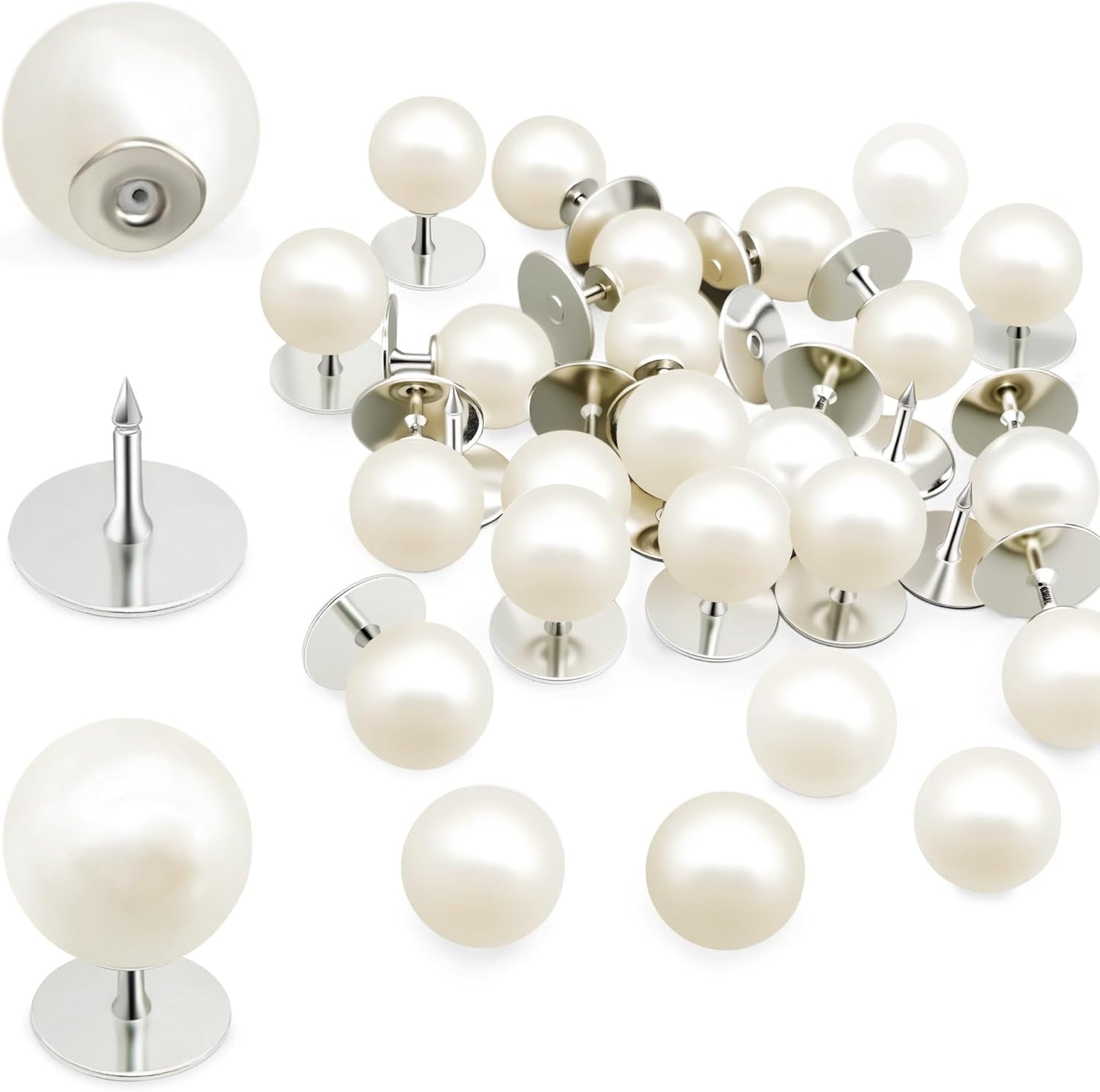 30 Sets Pearl Buttons No Sew Buttons for Clothes, 10mm Pearl Brooch Pins Reusable for Women, White Safety Pins for Dresses, Shirts, DIY Crafts, Fashion Decorative Accessories