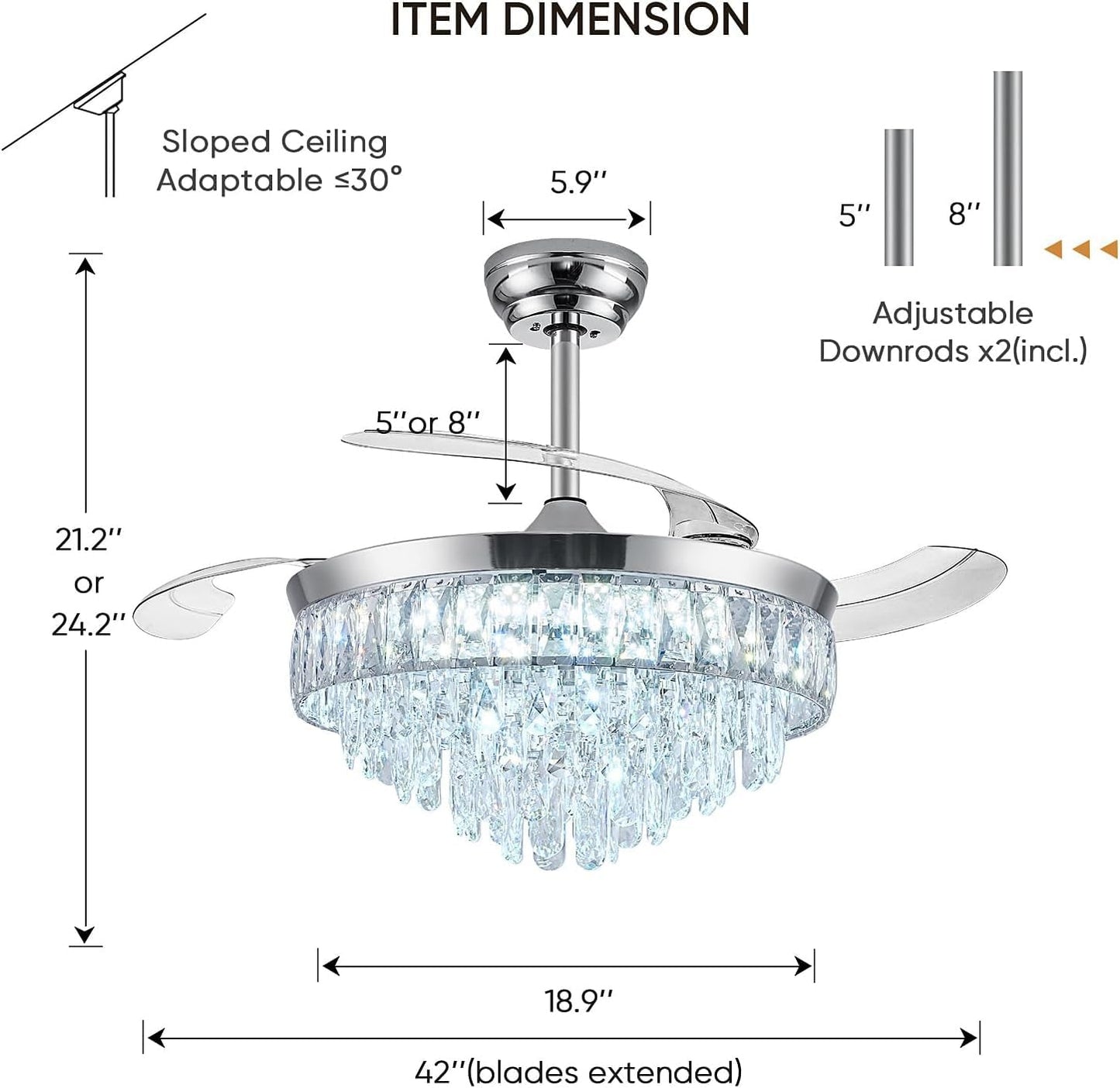 Deliyfans 42'' Chandelier Ceiling Fan with Lights, Retractable Fan with Remote and APP, Crystal Fandelier Ceiling Fan, Dimmable LED, Reversible Motor, Quiet for Bedroom Living Room-Chrome