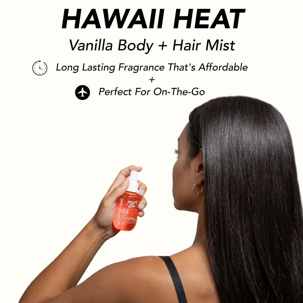 Holler and Glow Hawaii Heat Vanilla Body & Hair Mist, Body Spray For Women, Hair Perfume For Women, Delicate Peony, Amber Scented, Warm & Sweet, Travel Sized, 3.38 Fl Oz