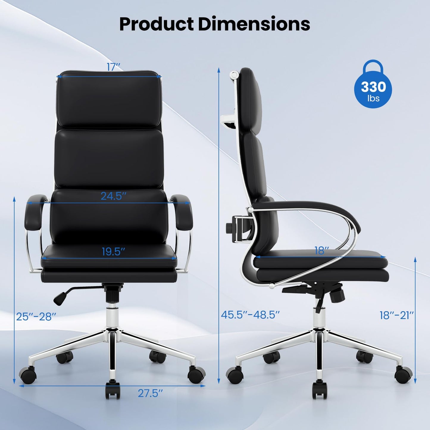 Giantex Ribbed Office Chair, High Back Ergonomic Desk Chair with Wheels & Rocking Function, Swivel Leather Desk Chair w/Arms & Removable Lumbar Support & Seat Cushions, Modern Executive Chair, Black