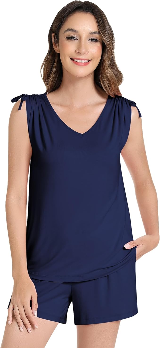 NACHILA Pajamas for Women-Viscose from Bamboo, Ribbed Racerback Tank Top Sexy Split Shorts Pajama Sets Cooling Sleep Cami Pjs
