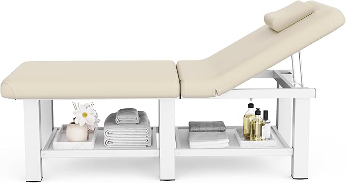 Folding Stationary Massage Table with Backrest and Storage Space, 6 Square Legs Metal Frame PU Leather, 30.5'' Wide × 75'' Long for Treatment Table Physical Therapy Table Spa Facial Bed, Beige Gray