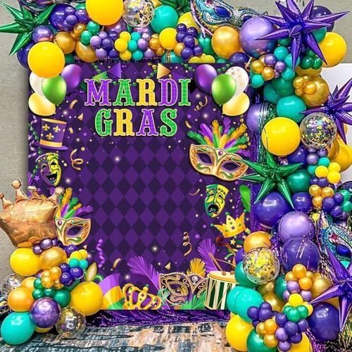 AIBIIN Mardi Gras Backdrop Mardi Gras Decorations Photo Booth Props Carnival Masquerade Mask Banner Purple Glitter Beads M...