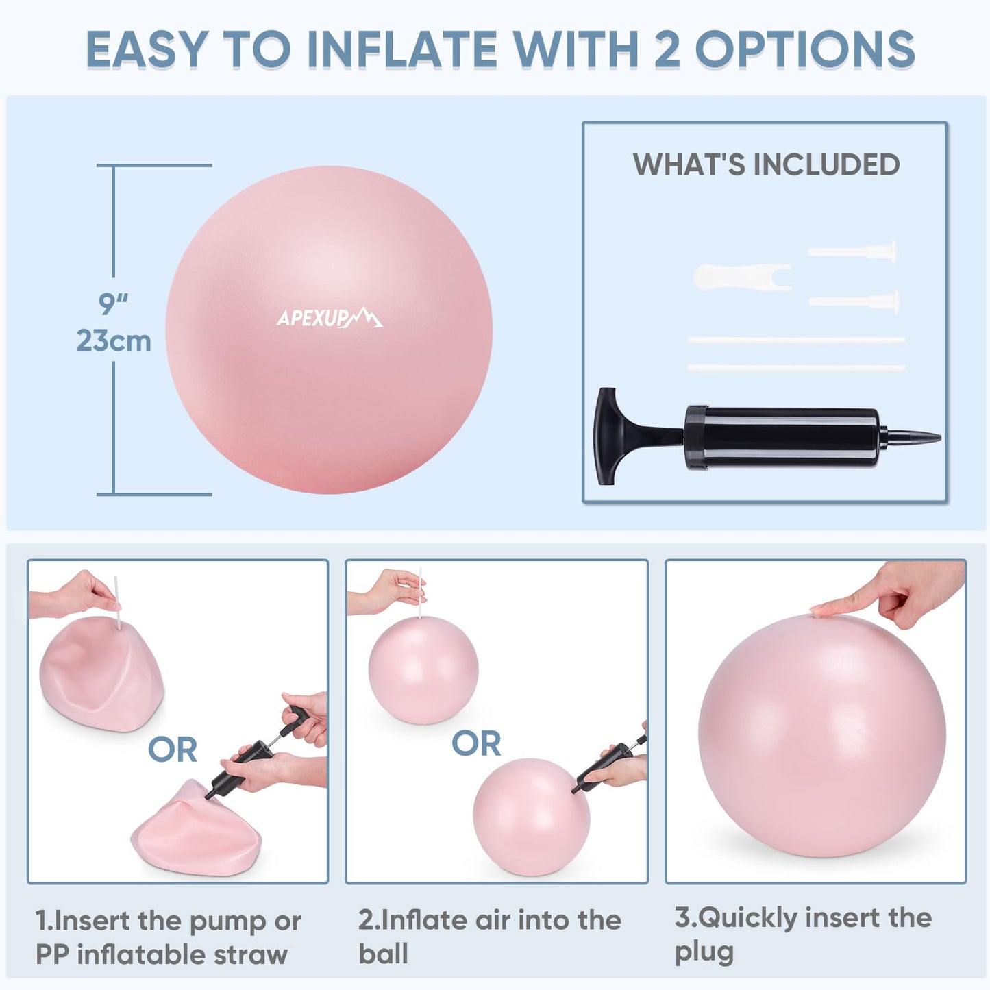APEXUP Yoga Ball Exercise Ball, Heavy Duty Pilates Ball for Fitness, Balance, Core Workout, Physical Therapy (XXS (9") 23cm, Pink)