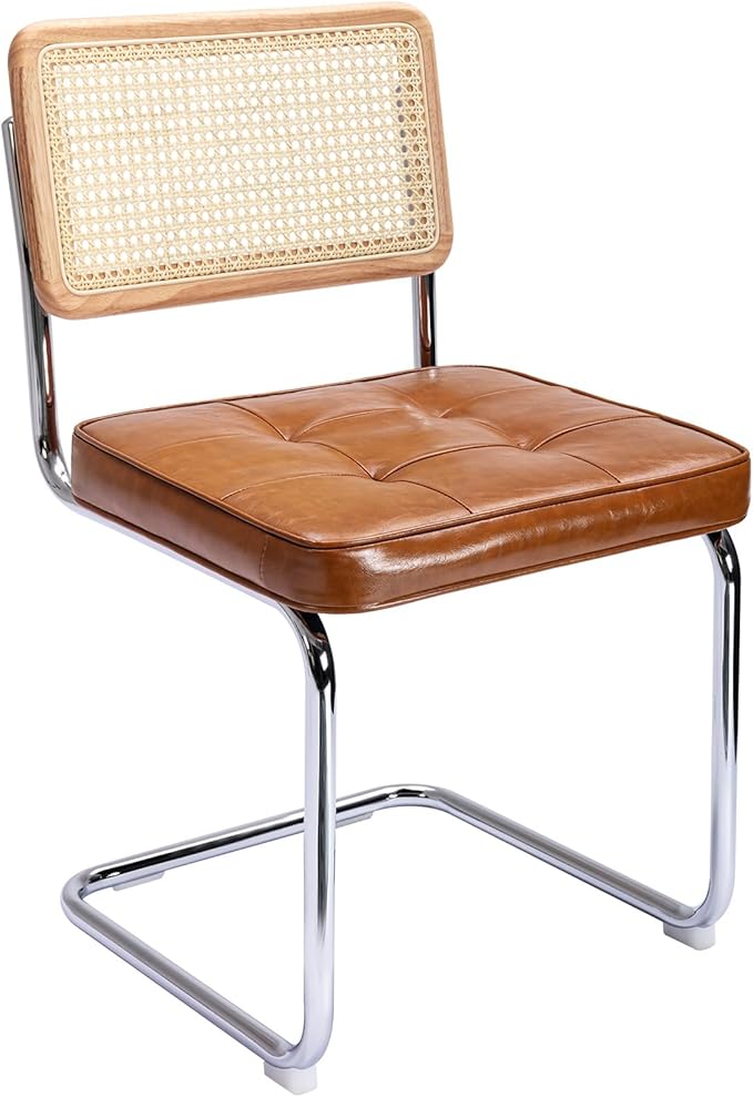 Zesthouse Natural Rattan Dining Chairs Set of 6, Modern Dining Room Chairs with Solid Wood Back for Kitchen Living Room, Mid Century Breuer Design Inspired, Upholstered Faux Leather Brown