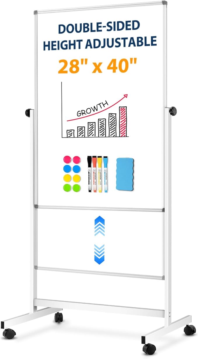 [15 Sq/ft] Large Double-Sided Rolling Whiteboard, 28"x40" Reversible Dry Erase Board with Stand, Magnetic White Board on W...
