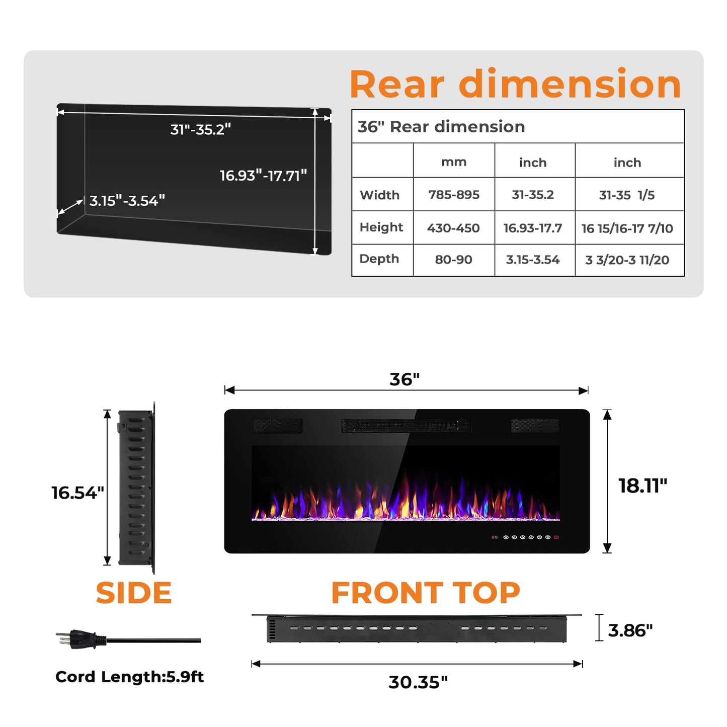 Antarctic Star 36 Inch Electric Fireplace In-Wall Recessed And Wall Mounted, Fireplace Heater And Linear Fireplace With Multicol
