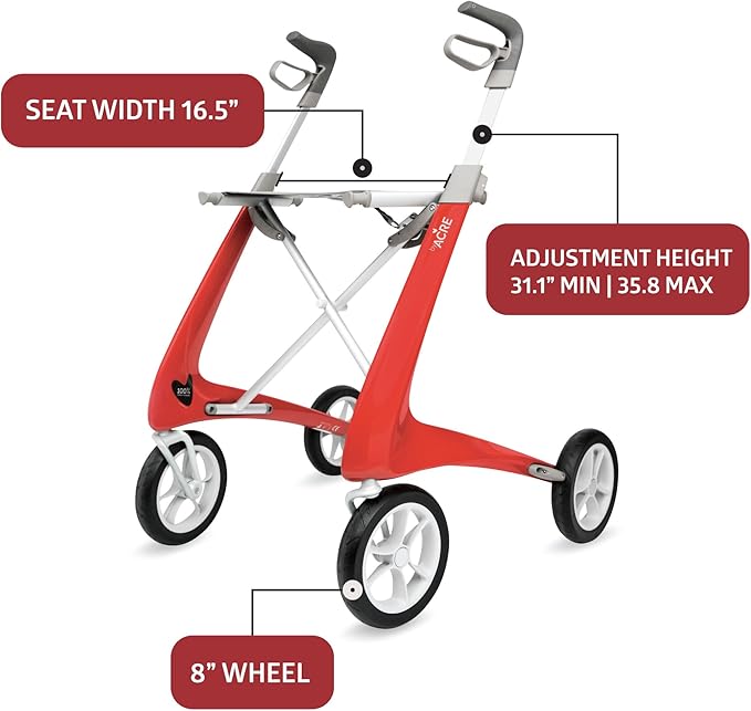 byACRE Carbon Ultralight Rollator Walker with Organizer Bag, Red, Regular Track