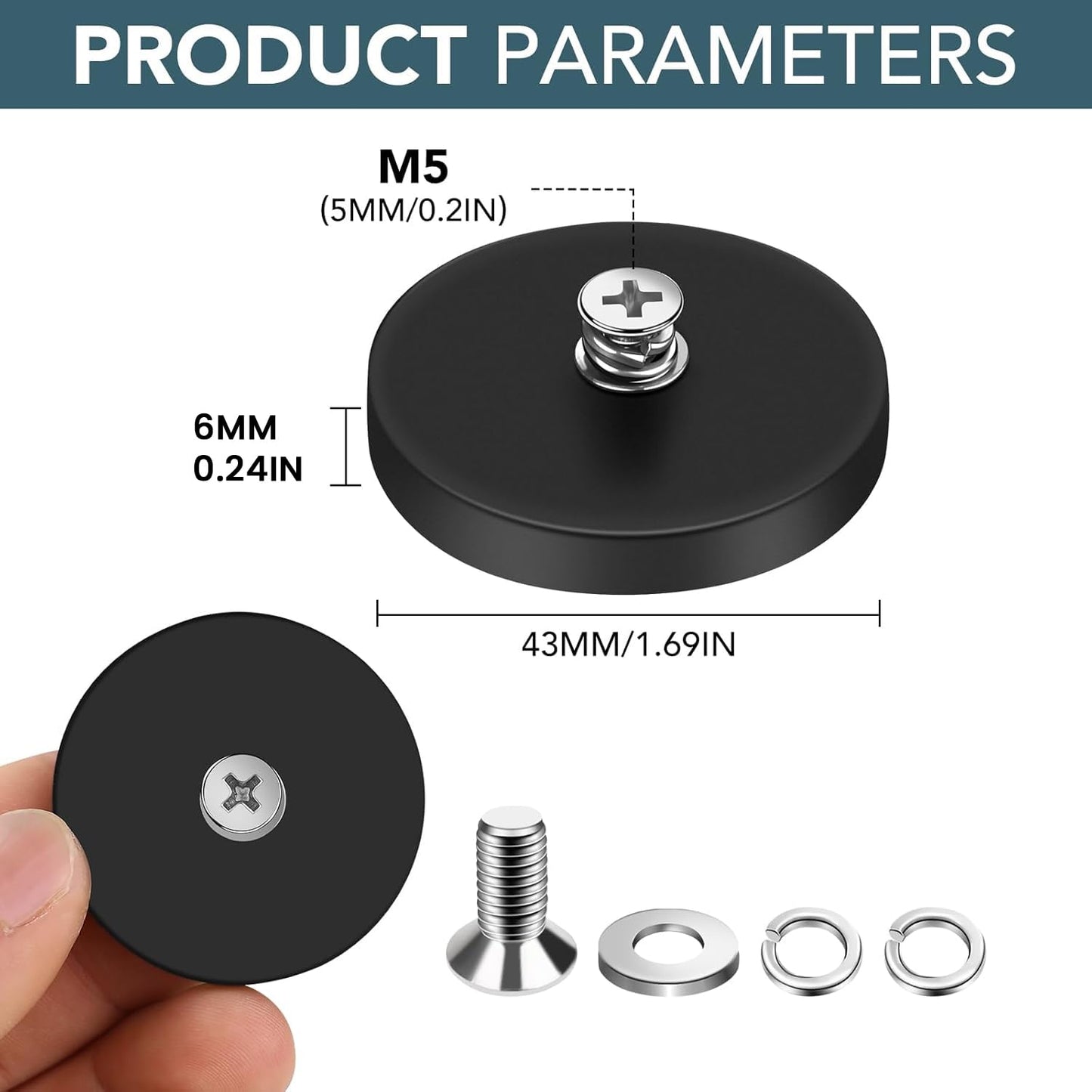 DIYMAG 4Pcs Rubber Coated Anti-Scratch Mounting Magnets, Adhesive Power 30LBS Neodymium Magnet Based with M5 Threaded Studs Strong Magnetic Hold The Base for Light Bar, Mirror, Camera, PTZ(1.69 Inch)