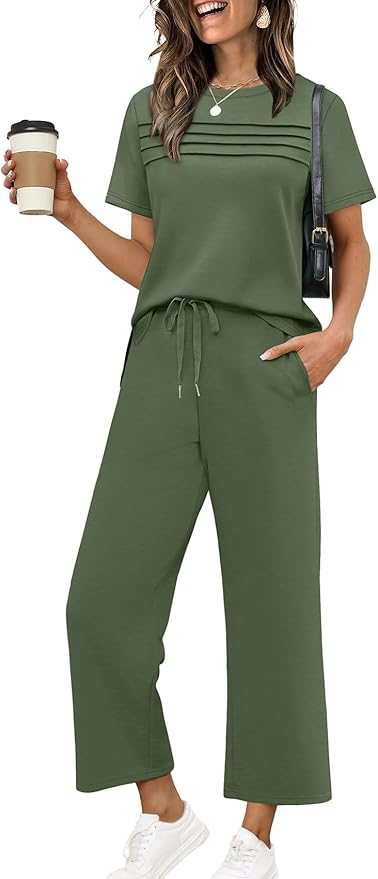 WIHOLL Two Piece Sets for Women Summer Travel Vacation Outfits Short Sleeve Lounge Sets Side Slit Wide Leg Pants S-3XL