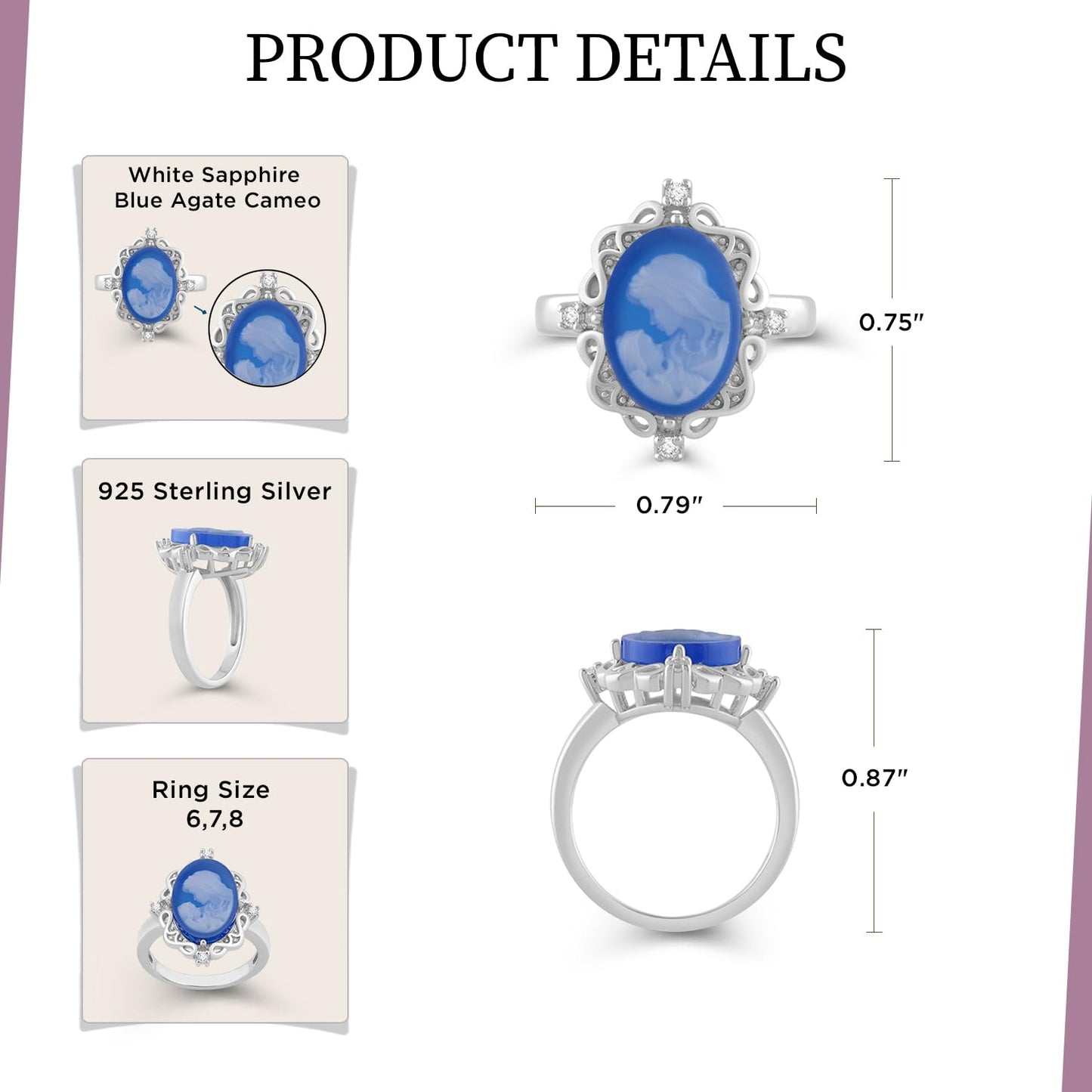 Jewelili Sterling Silver Mother & Child Statement Ring for Women | Blue Agate Cameo & Created White Round Sapphire | Ring Size 7 | Luxury Jewelry Gift for Her | Gift Box Included