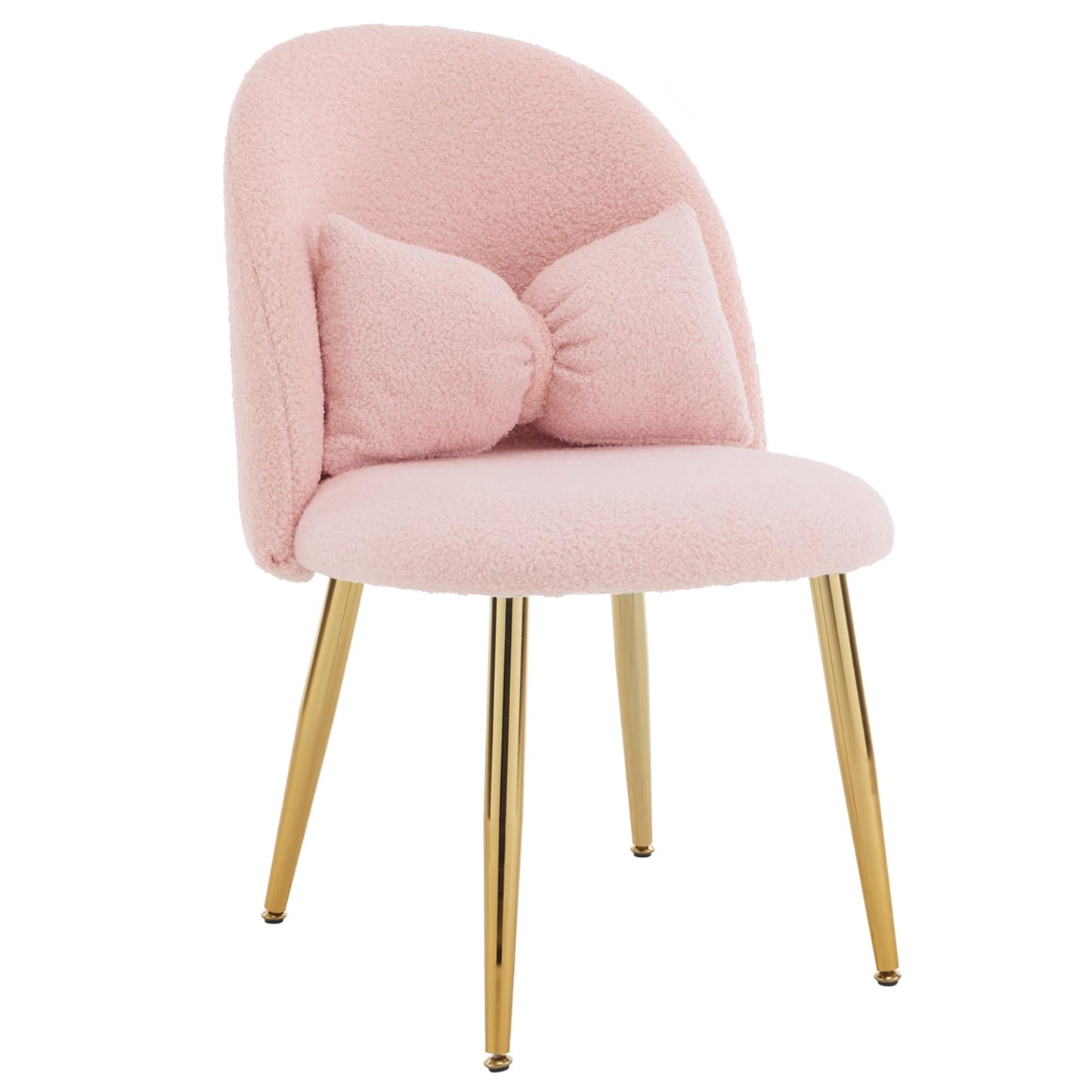 VINGLI Boucle Girls Vanity Chair with Back & Pillow,Cute Small Cozy Desk Chair No Wheels,Comfy Makeup Ch with Ajustable Gold Legs,for Bedroom,Living Room,Small Space,Pink
