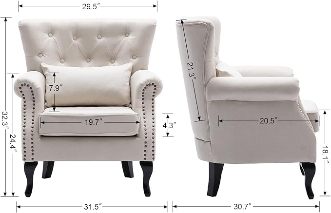 chairus Mid-Century Modern Accent Chair, Comfy Tufted Single Sofa Chair Wingback Armchair with Pillow for Club, Living Room, Bedroom - Linen, Beige