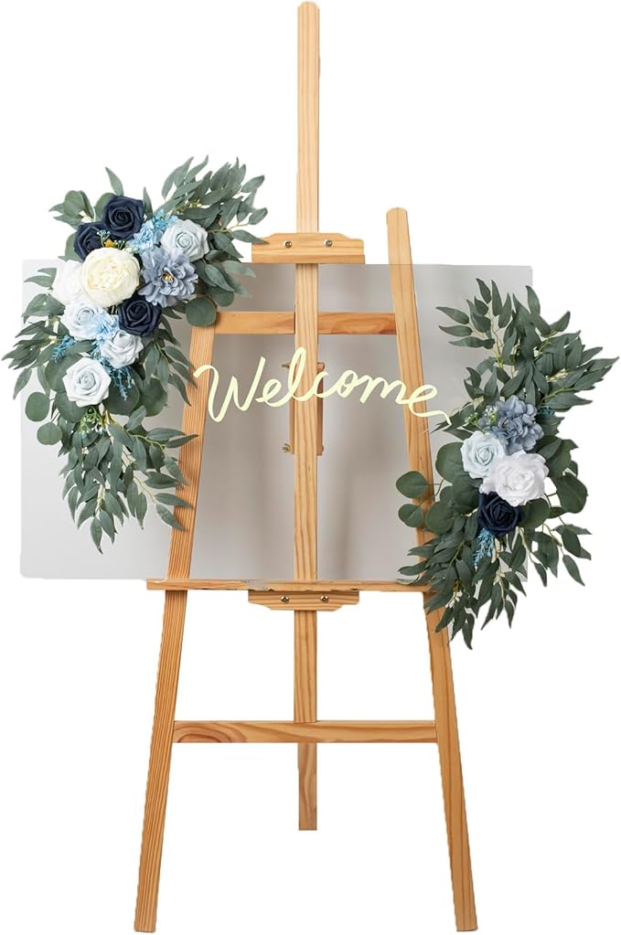 AitnWoy Artificial Wedding Arch Flowers Kit 2 PCS Dust Rose Flowers Silk Peony Floral Swag Welcome Sign for Wedding Ceremony Party Home Garland Decor (Blue)