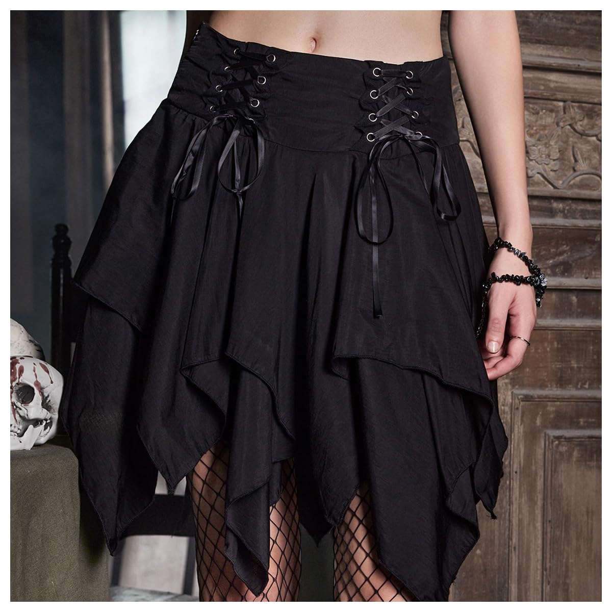 Verdusa Women's Goth Fairy Layered Skirt Renaissance Skort Lace Up Asymmetrical Mini Skirts Black Small