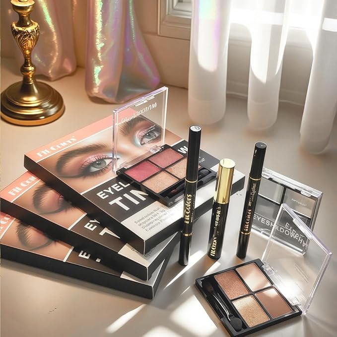 sam sugar 4-in-1 Eye Makeup Kit 4-Color Eyeshadow Palette Double-Ended Liquid Eyeliner Volumizing Mascara Eyebrow Pencil & Brush for Daily Makeup（03#）