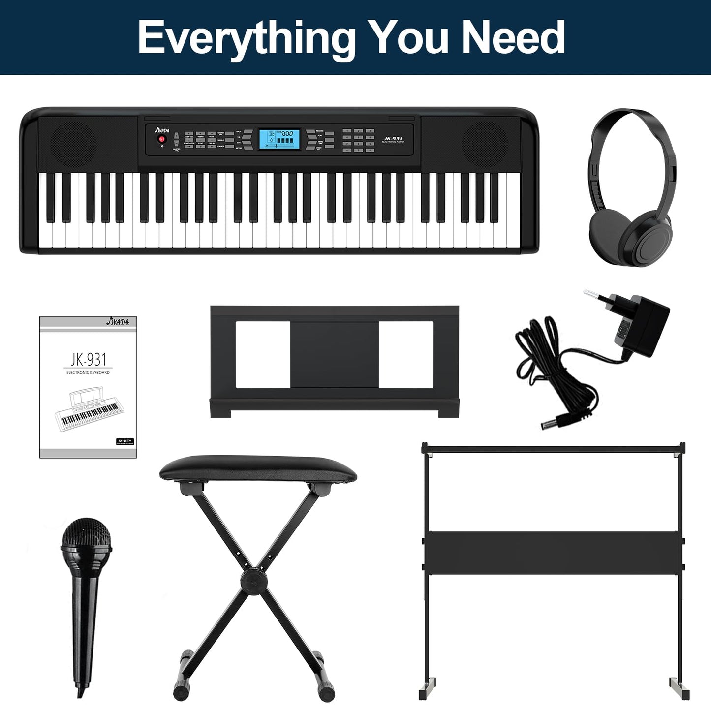61 Key Keyboard Piano, Portable Electric Piano Keyboard w/LCD Screen, Built-In Speakers, Headphones, Stand, Stool, Music Rest, Microphone, 300 Timbres, 300 Rhythms