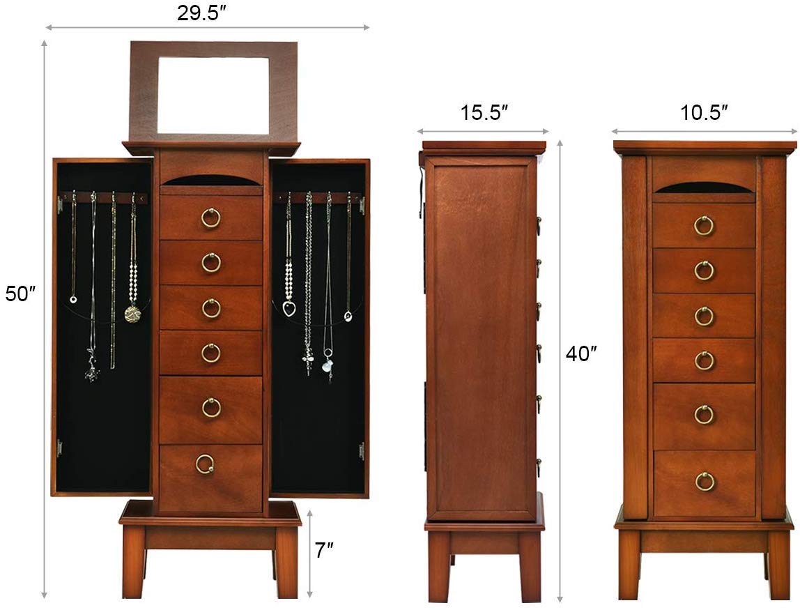 HOMGX 6 Drawers Jewelry Armoire Cabinet, Standing Jewelry Storage Chest with Mirror, 8 Necklace Hooks Wooden Jewelry Organizer, Bedroom Extra Capacity Jewelry Furniture, Walnut