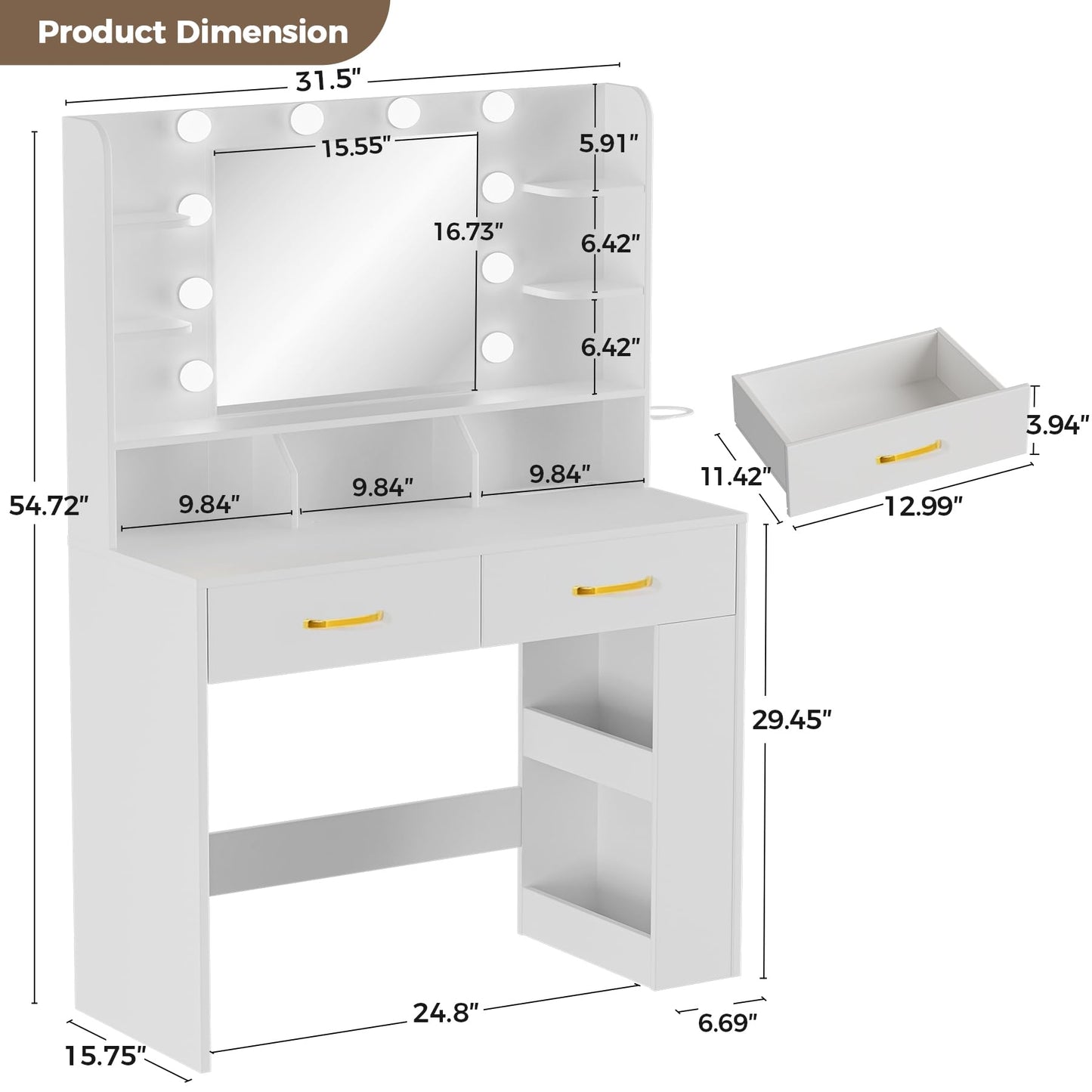 COMHOMA Vanity Desk with Lighted Mirror and Power Outlet, RGB LED Lights Makeup Vanity Set for Girls, Large Storage Capacity Dressing Table for Bedroom, 3 Lighting Modes Adjustable Brightness, White