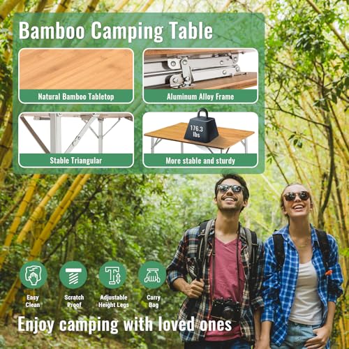 KingCamp Adjustable Height Folding Table, 4-Fold Bamboo Camping Outdoor Portable RV Camp Table with Carry Bag for Outdoor ...