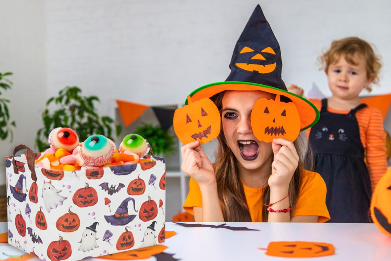 Sanjiaofen Rectangular Halloween Baskets,Waterproof PE Coating Halloween Baskets for Kids with Handles.Halloween Candy Basket,Cute Baskets,Books Baskets. (Halloween basket)
