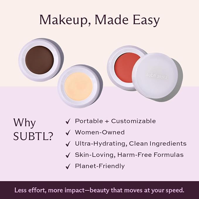Subtl 3-in-1 Makeup Stack – Cream Bronzer, Powder Highlighter & Lip Glaze for On-the-Go Touch Ups – Lightweight, Travel-Friendly, Blendable Balm (Deep/Ganache)