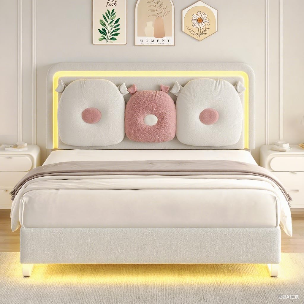 Bed Frame Queen with Boucle Upholstered Headboard, Girls Bed, Solid Wood Slats Support, Fully Upholstered Mattress Foundation/No Box Spring Needed/Easy Assembly, White Bed Frame Queen