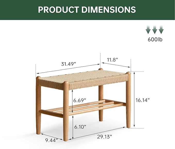 Vadisun Solid Oak Shoe Bench Assembled, Farmhouse Shoe Rack Bench with Woven Rope Design for Entryway, Living Room, Bedroom, Hallway, 11.8" x 31.5" x 16.1", Natural