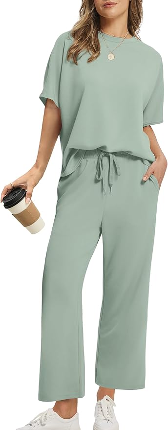 Sampeel Two Piece Sets for Women Summer Outfits Oversized Wide Leg Crop Pants Lounge Sets Airport Beach Vacation Clothes