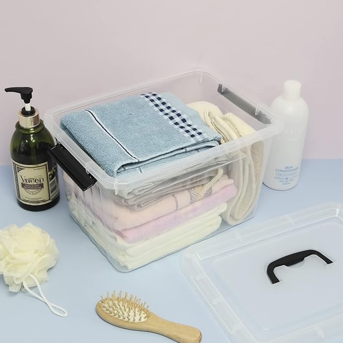 Plastic Storage Bins with Lids, 6 Pack Storage Organizer, 10 L Stackable Storage Bins with Buckle-Up Latches and Handle, Storage Totes for Home Office Pantry Organization, Clear