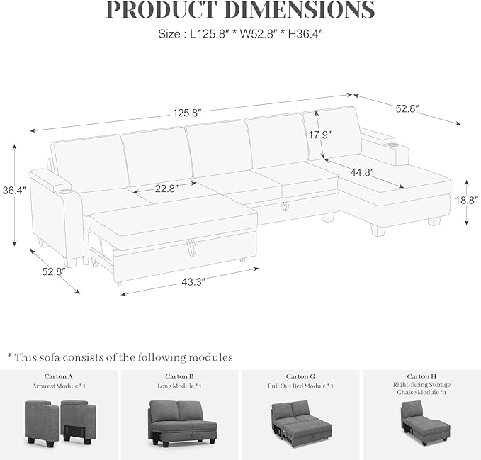 Belffin Modular Sectional Sleeper Sofa Bed with Storage Chaise L Shaped Sectional Couches for Living Room Armrest with Cup Holder. Light Gery Couch