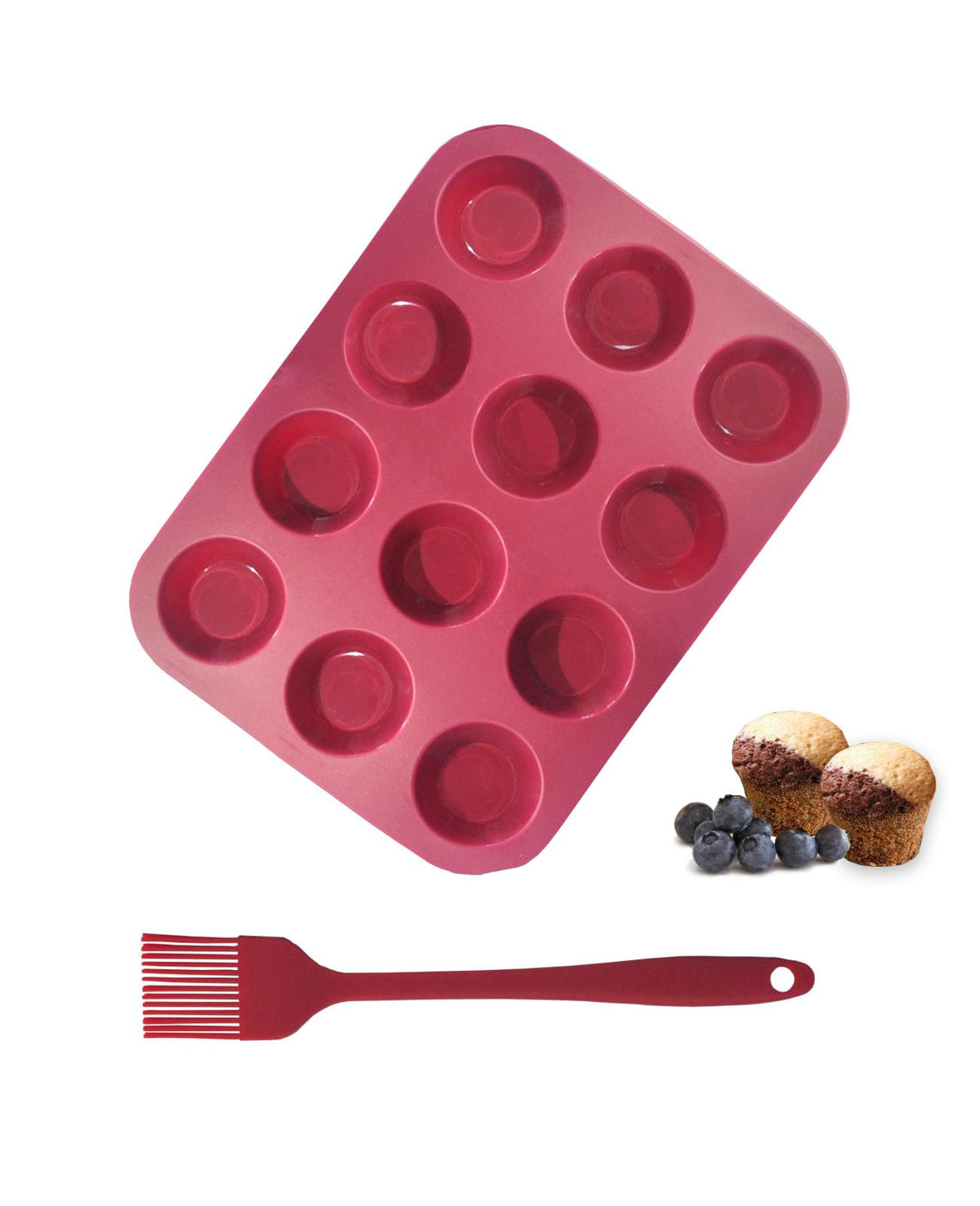 Sinoskye Silicone Muffin Pan, 12-Cup Cupcake Pan with Silicone Pastry Brush for Mini Egg Muffin, Keto Diet, BPA Free, Dark Red
