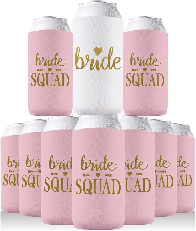 PartyGifts&Beyond Bridesmaid Gifts Can Cooler 10Packs Bachelorette Party Decorations Slim Can Cooler Bride Squad Can Sleev...