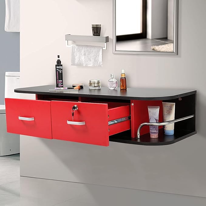 Multifunctional Wall-Mounted Beauty Station Salon Equipment with 2 Drawers, for Beauty Salon or SPA, Barber Shop, Home & Bathroom, Black and Red