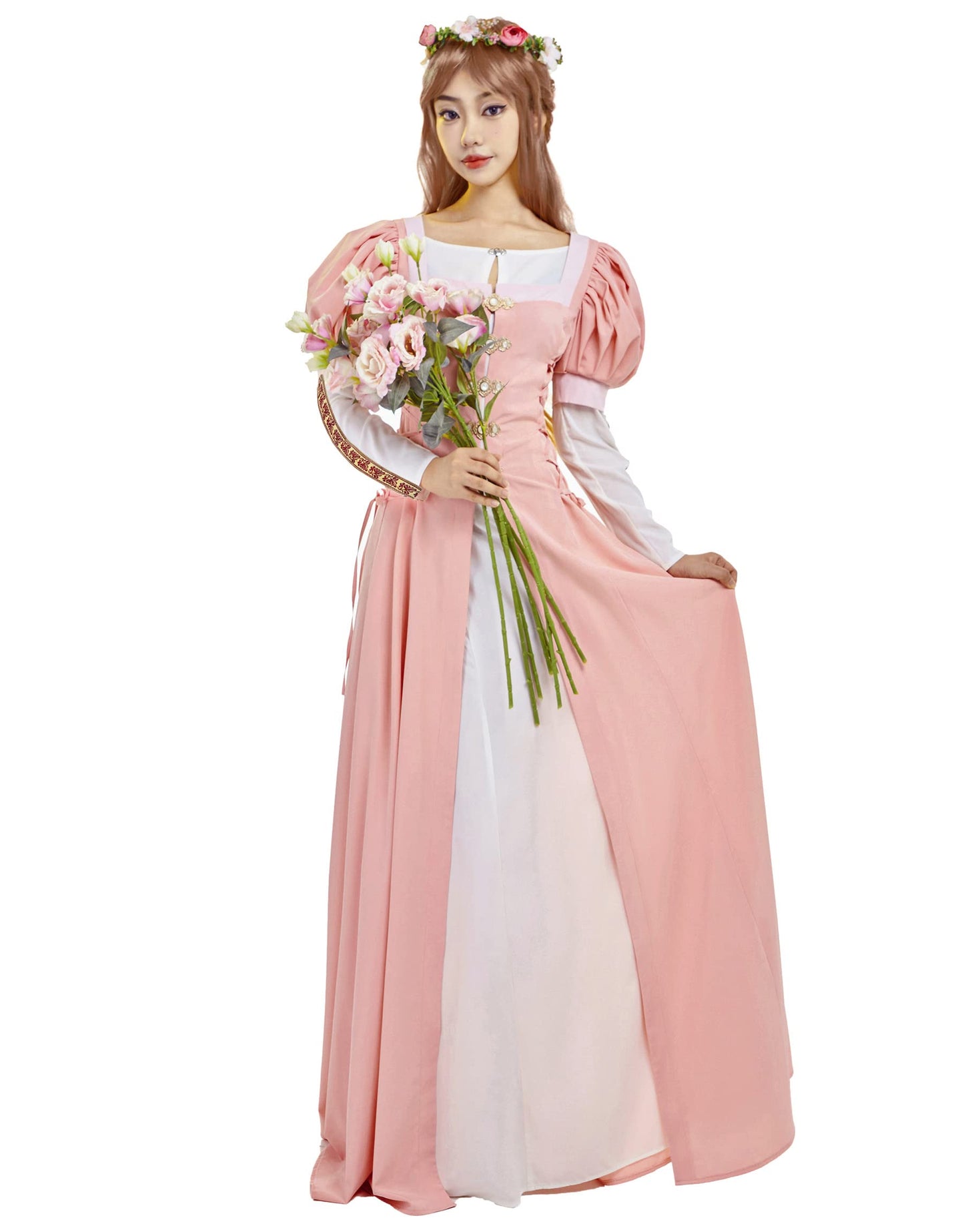 Daizbella Renaissance Dress Women Medieval With Puff Sleeves XVI Century Historical Costume Fake Two-Piece Pink