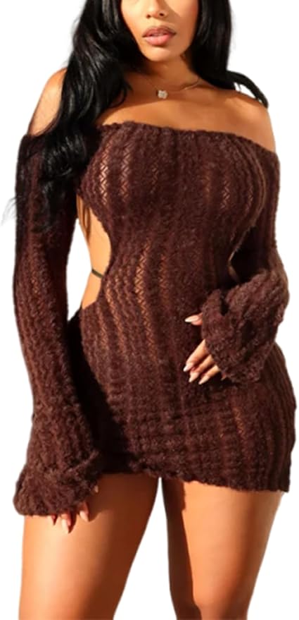 Sexy Off Shoulder Fuzzy Y2K Mini Dress for Women Strappy Backless Long Sleeve Party Club Birthday Dresses Date Night